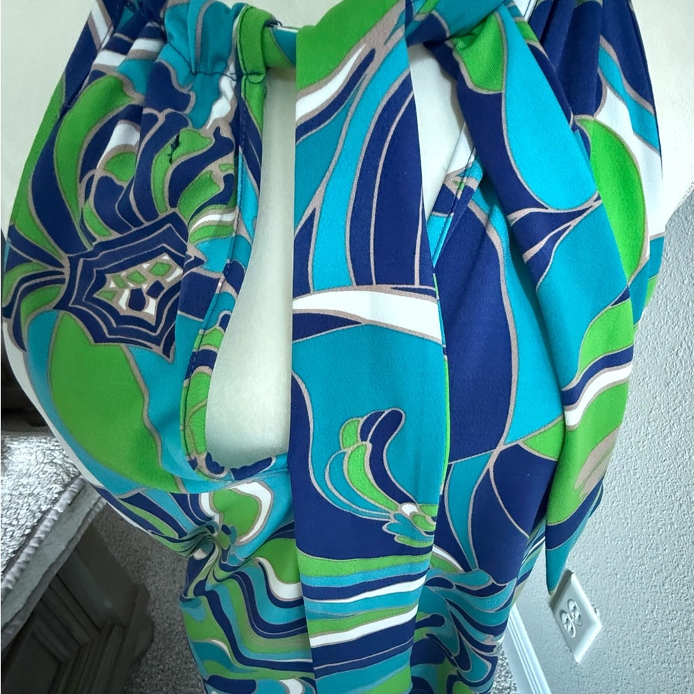 Vibrant Blue and Green Patterned halter neck dress TRINA TURK size L - Picture 5 of 8